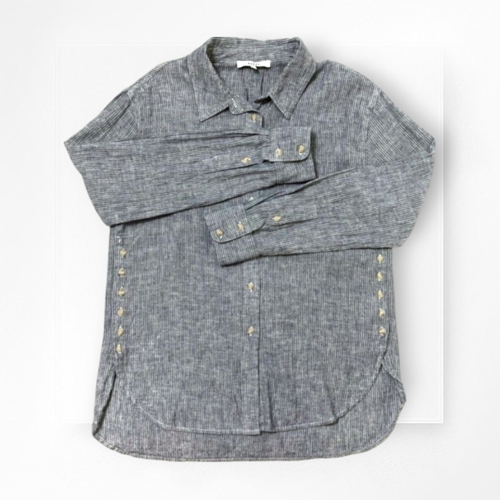 Linen Blend Button Down Shirt Ro & De Blue White Stripe Long Sleeve Small